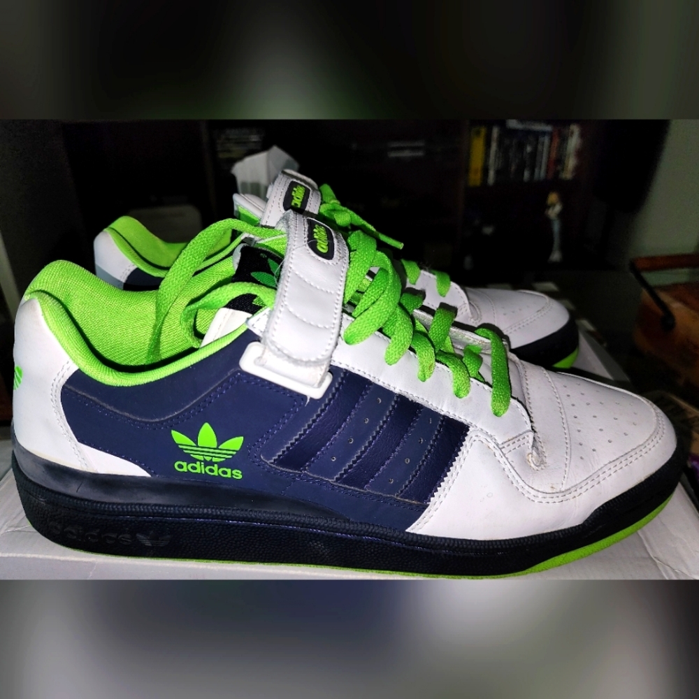 Adidas Men's White and Navy Sneakers with Neon Green Accents